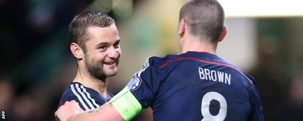 Shaun Maloney is congratulated by Scotland captain Scott Brown