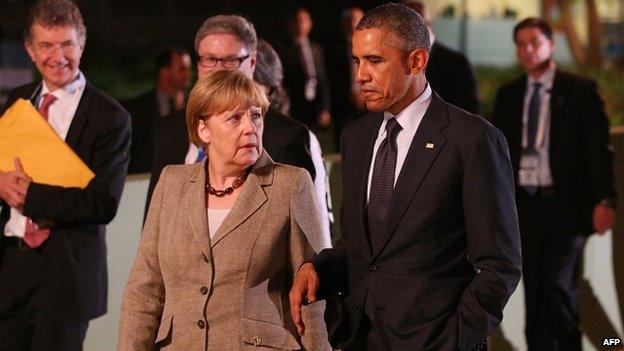 US President Barack Obama chats to German Chancellor Angela Merkel at the G20 Summit, 15 November