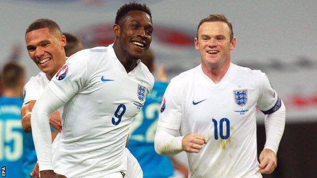 Danny Welbeck celebrates against Slovenia