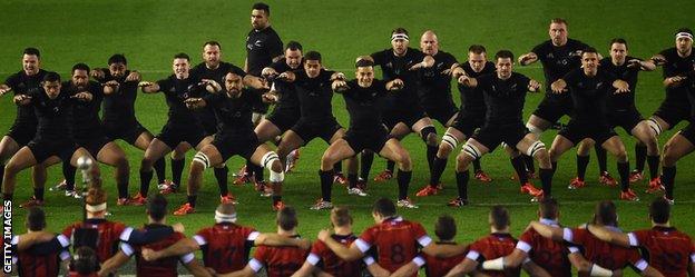 Scotland players face down the New Zealand Haka