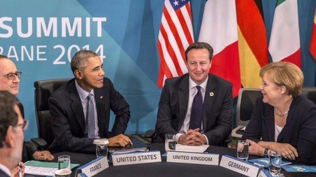 Francois Hollande, Barack Obama, David Cameron and Angela Merkel at the G20 in Brisbane