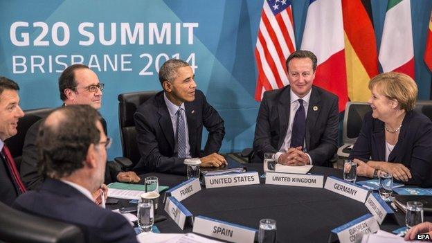 Francois Hollande, Barack Obama, David Cameron and Angela Merkel at the G20 in Brisbane