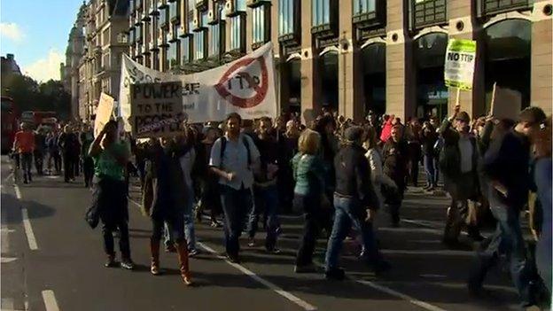 Protesters marching against the TTIP trade agreement