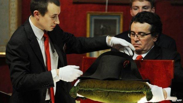 Napoleon's hat is set up prior to its auction in Fontainebleau, Nov 16