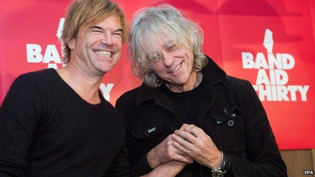 German singer Campino (L) and Sir Bob Geldof (R) pose in Berlin, Germany on 13 November 2014