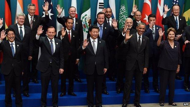 World leaders wave during the G20 Summit in Brisbane, Australia on 15 November 2014