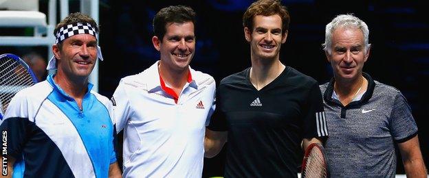 Pat Cash, Tim Henman, Andy Murray and John McEnroe play a doubles exhibition at O2 Arena