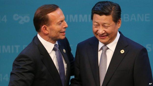 Australian Prime Minister Tony Abbott (left) and Chinese President Xi Jinping. Photo: 15 November 2014