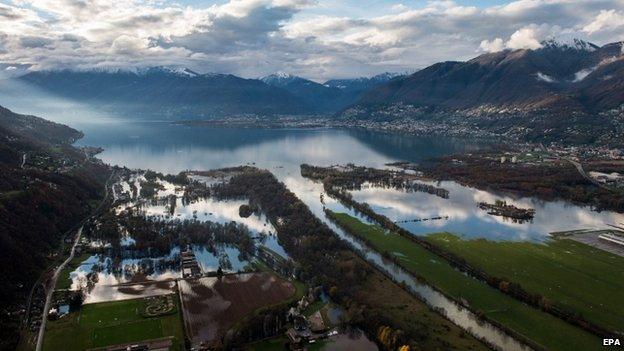 An aerial view of the flooded area around Lake Maggiore near the village of Magadino in Ticino, Switzerland, on 16 November 2014