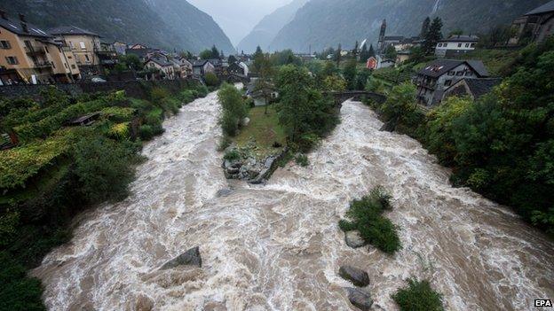 The River Ticino after heavy rains in Giornico in the Canton of Ticino, southern Switzerland, 13 October 2014