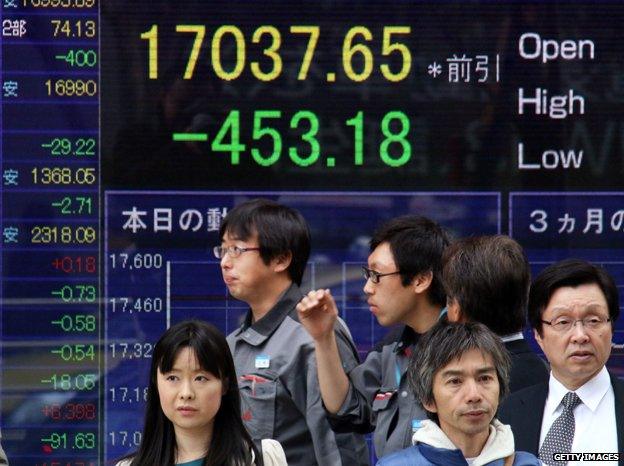 Share prices displayed on a billboard in Japan, 17 November 2014