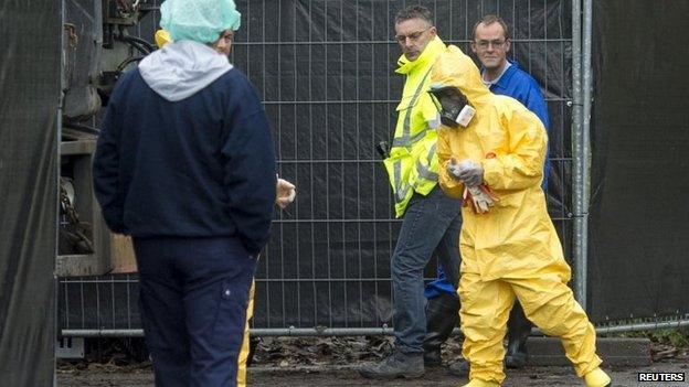 An expert wearing a protection suit arrives at a poultry farm, where a highly contagious strain of bird flu has been found, in Hekendorp, the Netherlands, 17 November 2014