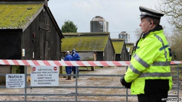 A policeman stands guard at a farm in Nafferton, East Yorkshire, where a strain of bird flu has been confirmed