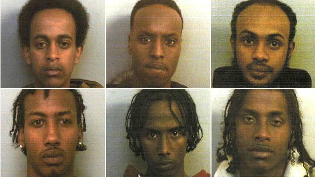 From top left, clockwise, Mustapha Farah, Liban Abdi, Mustafa Deria, Idleh Osman, Abdulahi Aden, and Arafat Osman