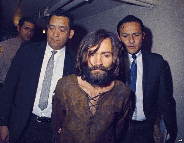 Charles Manson escorted to his arraignment on conspiracy-murder charges in connection with the Sharon Tate murder case, 1969, Los Angeles