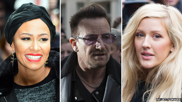 Emeli Sande, Bono and Ellie Goulding (left-right)