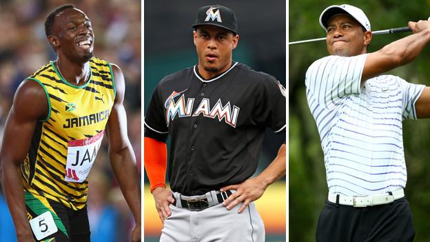 Usain Bolt, Giancarlo Stanton and Tiger Woods