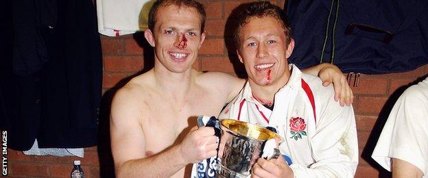 Matt Dawson and Jonny Wilkinson celebrate with the Six Nations trophy in March 2003