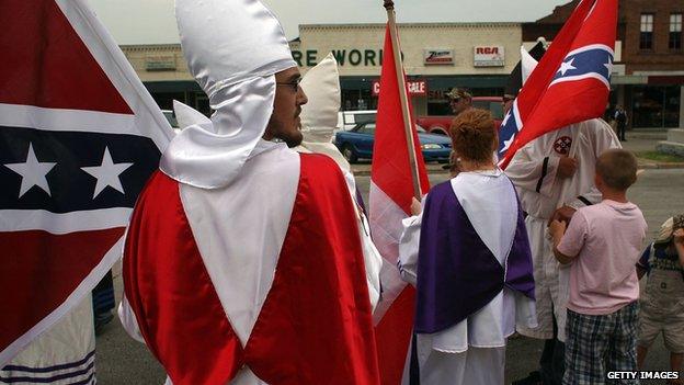 Members of the Fraternal White Knights of the Ku Klux Klan participate in the 11th Annual Nathan Bedford Forrest Birthday march July 11, 2009 in Pulaski, Tennessee