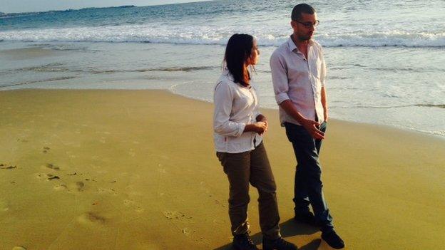 Tulip Mazumdar and William Pooley on beach