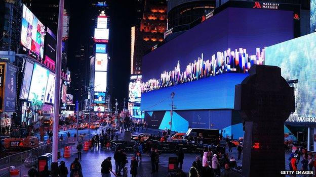 Billed as Times Square"s largest and most expensive digital billboard, a new megascreen is debuted in front of the Marriott Marquis hotel on November 18, 2014 in New York City