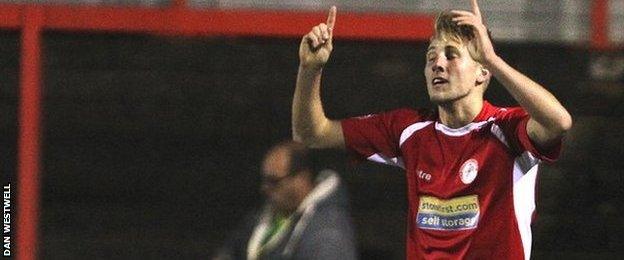 Marcus Carver celebrates after scoring Accrington's second goal