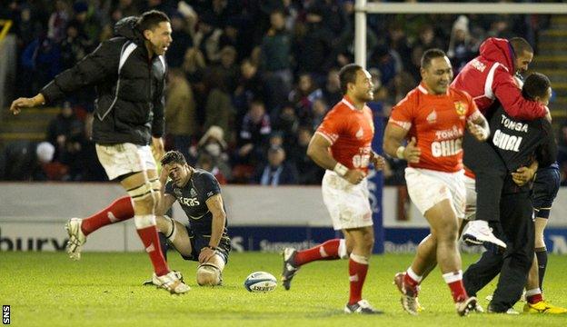 Tonga celebrate their 2012 win over Scotland at Pittodrie Stadium