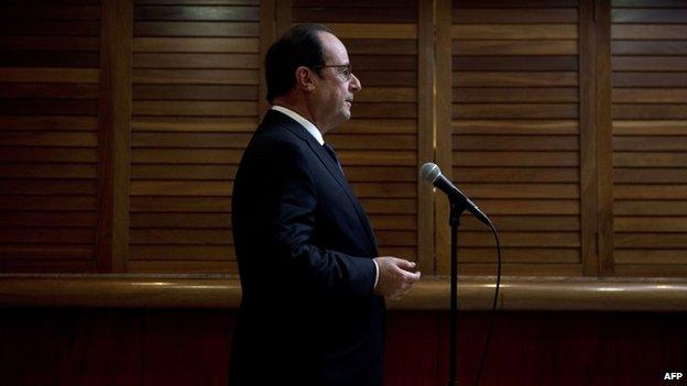 France's President Francois Hollande makes a statement in Noumea following his arrival in New Caledonia on 16 November 2014