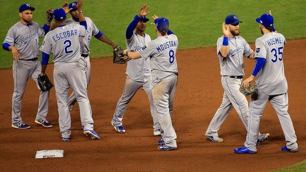 Kansas City Royals celebrating after a World Series win.