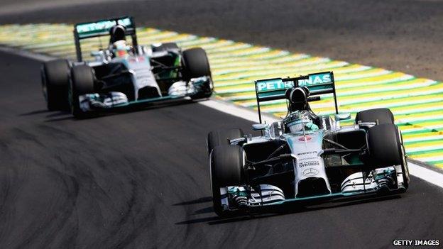 The Mercedes cars of Nico Rosberg and Lewis Hamilton