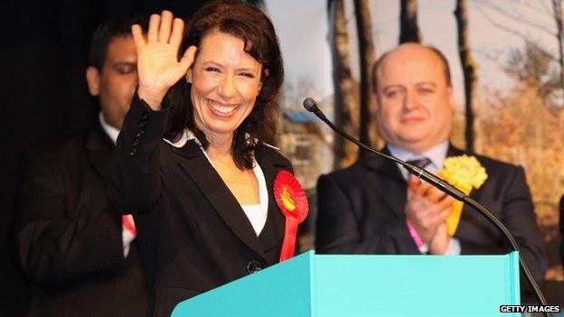 Debbie Abrahams celebrates winning the Oldham and Saddleworth by-election