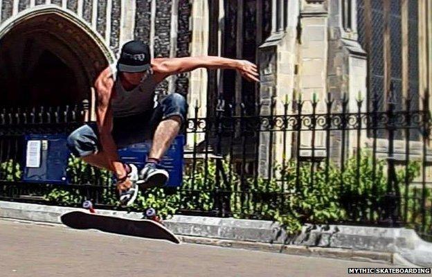 Robson Blyth from Mythic Skateboarding outside St Peter Mancroft Church, Norwich