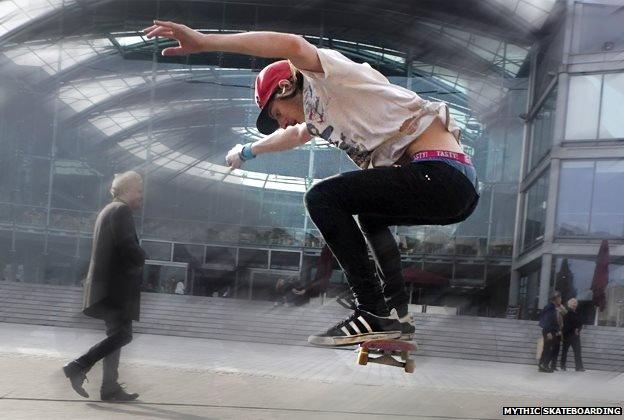 Danny Wickins of Mythic Skateboarding outside The Forum, Norwich