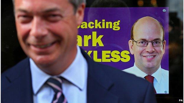 Nigel Farage in front of Mark Reckless campaign poster