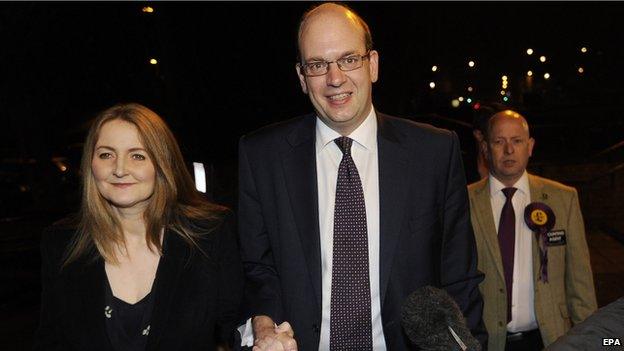 Mark Reckless with his wife Catriona Brown arriving at the Rochester by-election count