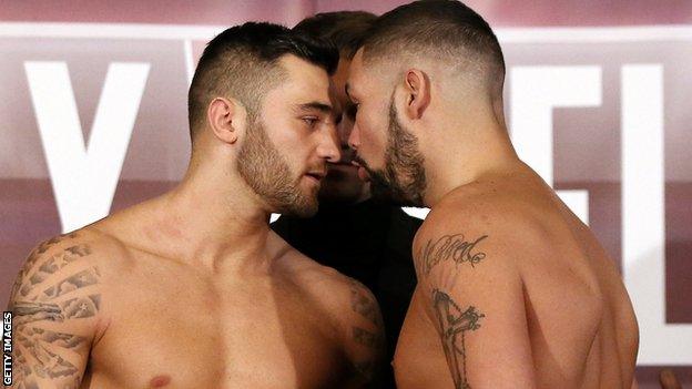 Nathan Cleverly and Tony Bellew come face to face during the weigh in