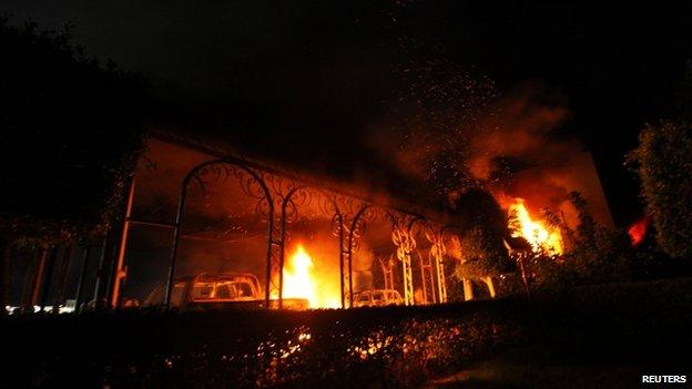 The US Consulate in Benghazi is seen in flames on 11 September 2012