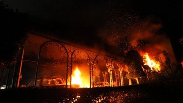 The US Consulate in Benghazi is seen in flames on 11 September 2012