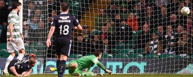 David Clarkson scores for Dundee against Celtic