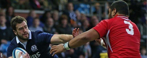 Alex Dunbar scores a try for Scotland against Tonga