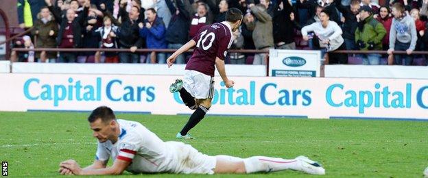 Rangers' Lee McCulloch lies prone as Hearts' Jason Holt wheels away to celebrate