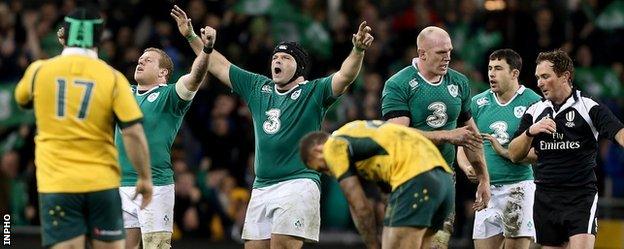 Ireland players celebrate a clean sweep of autumn victories after the final whistle