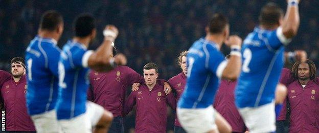 Samoa perform their haka against England