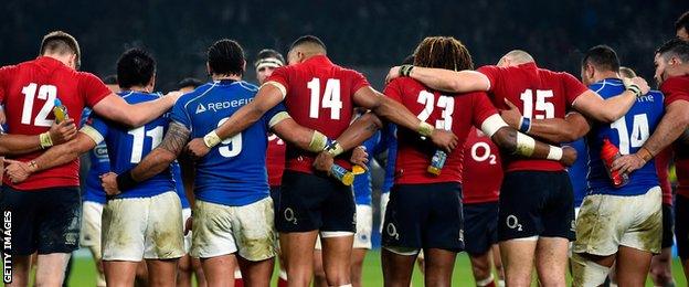 England and Samoa link arms after the final whistle