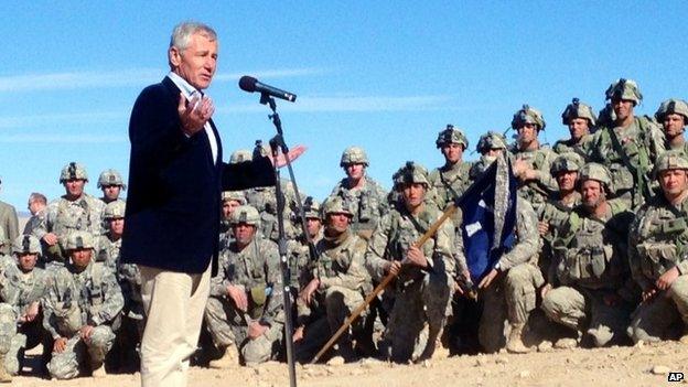 US Secretary of Defense Chuck Hagel speaks to members of 3rd Brigade, 4th Infantry Division, at the National Training Center in Fort Irwin, Calif. on 16 November 2014