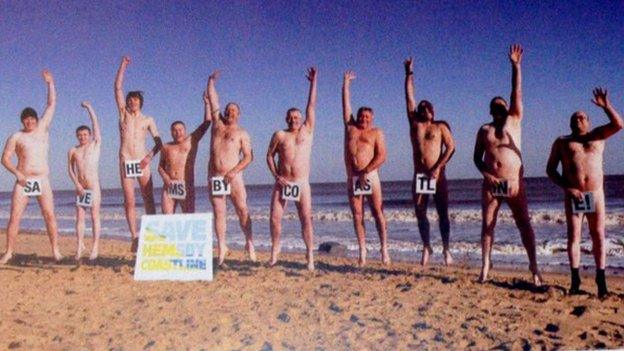 Naked men jumping for the Save Hemsby Coastline calendar