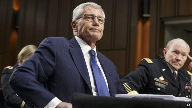 Defence Secretary Chuck Hage and Gen Martin Dempsey, chairman of the Joint Chiefs of Staff, appear before the Senate Armed Services Committee in September 2014