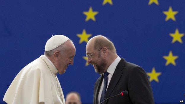 Pope Francis talks with President of the European Parliament, Martin Schulz, in Strasbourg, France, on 25 November 2014