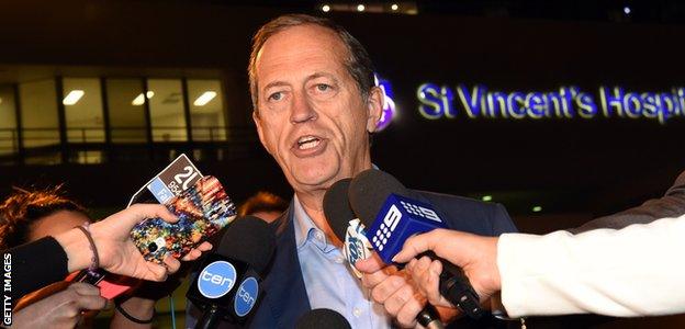 Cricket Australia team doctor Peter Brukner briefs the media outside Sydney's St Vincent"s Hospital