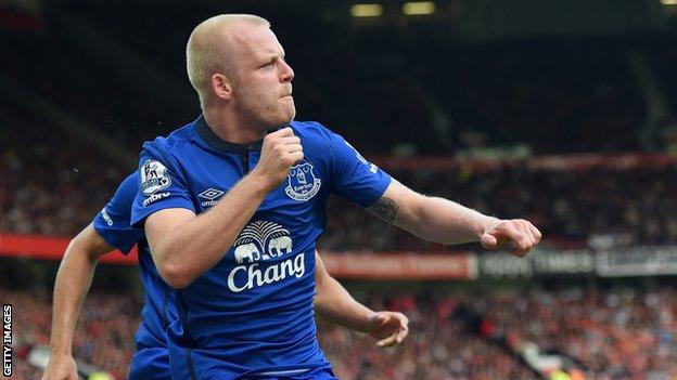 Steven Naismith celebrates scoring for Everton